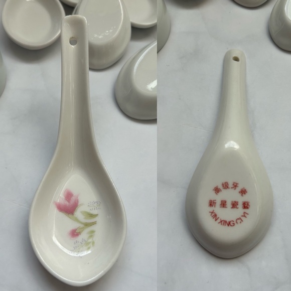 Various Asian Soup Spoons Set - Red Mun Shou, Floral, White Designs - Picture 8 of 11
